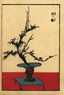 Japanese flower arrangement with bamboo and plum