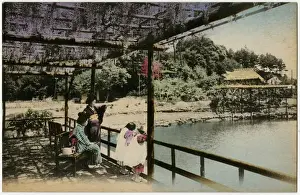 Pergola Prints: Two Japanese Geisha girls beneath the Wisteria - Japan