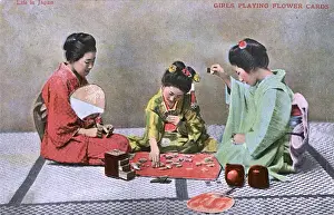 Courtesan Prints: Japanese Geisha Girls playing a game of flower cards