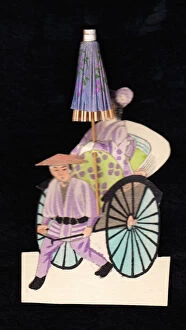 Images Dated 23rd October 2015: Japanese geisha in rickshaw on a greetings card