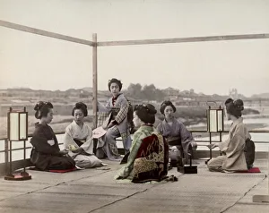Vacations Prints: Japanese geishas on a tea house balcony, Kyoto