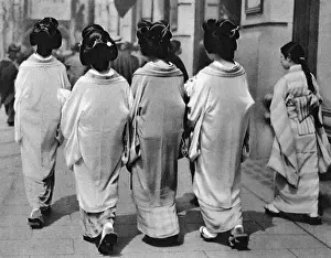 Japanese Geishas wearing summer Kimonos