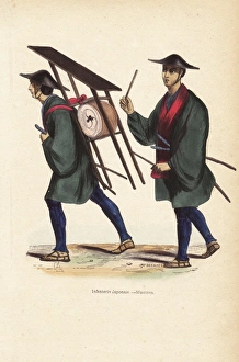 Kimono Gallery: Japanese infantry musicians, one beating a drum (taiko)