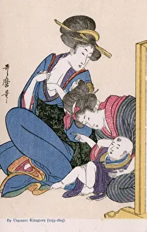 Images Dated 31st May 2018: Japanese Mother prepares to feed her baby by Kitagawa