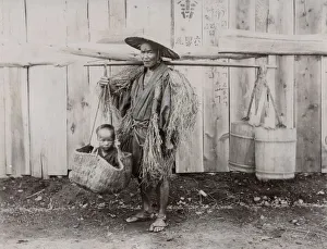 Peasant Prints: Japanese peasant man carrying child in a basket