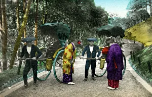 Rickshaws Prints: Japanese Rickshaws - drivers and passengers