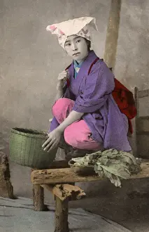 Prepare Prints: Japanese Serving girl preparing vegetables for her Mistress