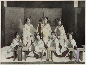 Entertain Prints: Japanese virgins who dance in a shrine to entertain the god Date: circa 1890s