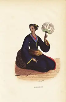 19thcentury Prints: Japanese woman in kimono and obi, holding a feather fan