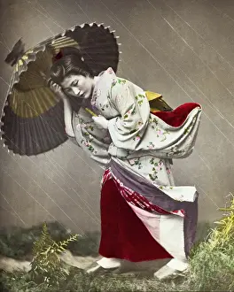 Struggling Prints: Japanese woman in a rainstorm