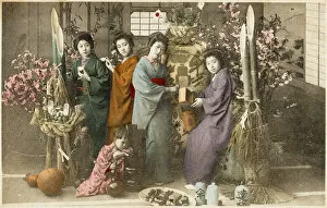Bamboo Gallery: Four Japanese women amid bamboo with a young child