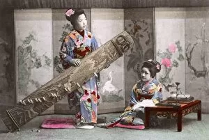 Japanese women - Koto player and woman reading