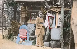 Wayside Prints: Japanese women pray at a wayside Shrine