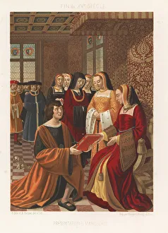 Charles Louandre Prints: Jean Desmaretz presenting a book to Queen Anne of France, 15thC