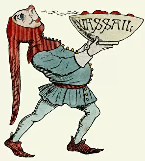 Jester carrying a wassail bowl