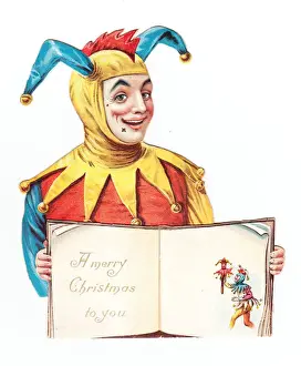 Jester with an open book on a cutout Christmas card