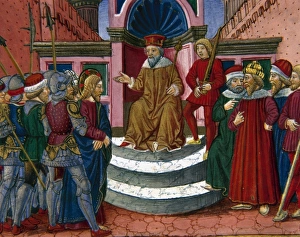 Jesus is brought before Herod. Codex of Predis (1476). Italy Jesus is brought before Herod. Codex of Predis (1476). Italy