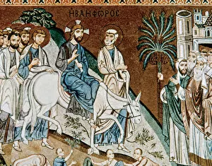 Gospel Gallery: Jesus entry into Jerusalem. Mosaic. Palace of the Normans