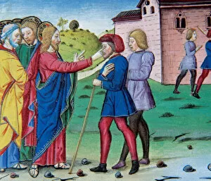 Jesus healing two blind. Codex of Predis (1476). Italy