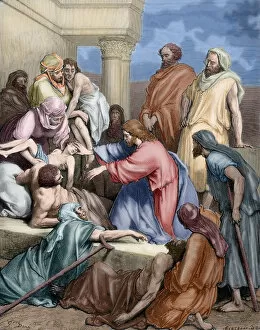 Healing Gallery: Jesus healing the sick. Engraving. Colored