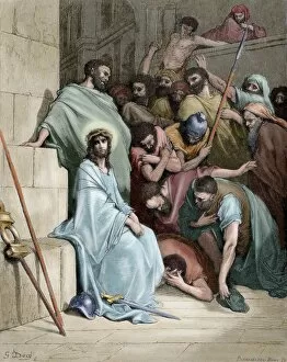 Jesus insulted. Engraving. Colored