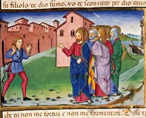 Apostles Collection: Jesus meets a man possessed by evil spirits.Codex of Predis