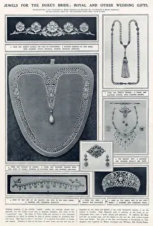 Jewels for the Duke's bride: royal and other wedding gifts given to the Duke and Duchess of York in 1923. 1. A diamond bandeau from the bride's father, the Earl of Strathmore; 2