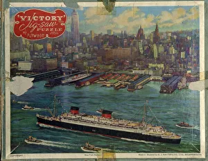Skyscrapers Prints: Jigsaw puzzle box lid, New York Harbour with ship, USA