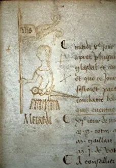 Joan of Arc holding a sword and a banner. Sketch