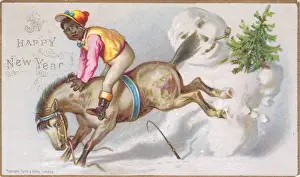Snowman Prints: Jockey on pony on a New Year card