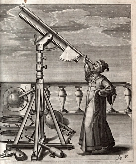Johannes Hevelius depicted in his nightclothes looking at th Johannes Hevelius depicted in his nightclothes looking at th