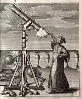 Observatory Prints: Johannes Hevelius depicted in his nightclothes looking at th