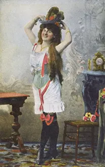Underclothes Prints: Jolly French beauty trying on her new hat