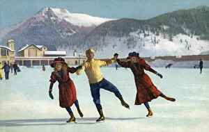 Skate Gallery: A Jolly Trio of Swiss Ice Skaters enjoying a spin on the rink. Date: 1908