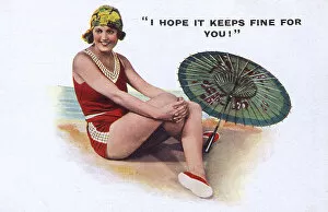 Bather Gallery: A jolly young Bather sitting cross-legged with her parasol