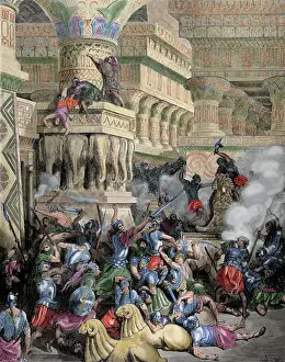 Jonathan Prints: Jonathan Destroys the Temple of Dago. Colored engraving
