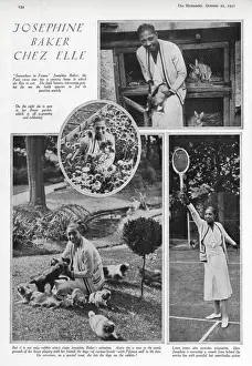 Josephine Baker with pet bunny rabbits and many small dogs