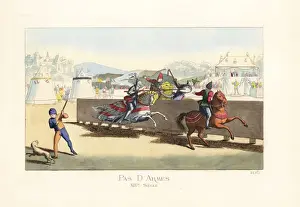Jousting knights at a tournament, 14th century