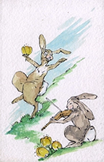 Two jovial Easter bunnies, one looking rather mad Two jovial Easter bunnies, one looking rather mad