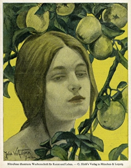 Images Dated 28th September 2012: Jugend front cover, young woman with apple tree
