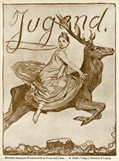 Images Dated 28th September 2012: Jugend front cover, young woman riding a stag
