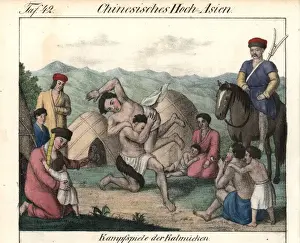 Wrestling Prints: Kalmyk men wrestling in front of their families and ghers