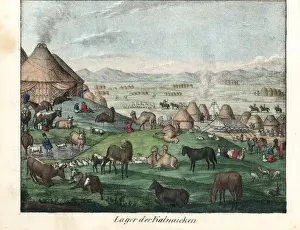 Kalmyk village showing ghers and camels, horses
