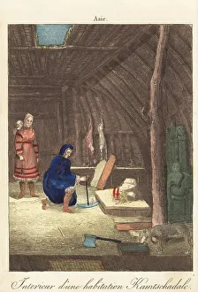Idols Prints: Kamchadal people inside a yurt, Kamchatka, 1800s
