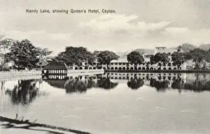 Kandy Prints: Kandy Lake and Queens Hotel, Kandy, Ceylon (Sri Lanka)