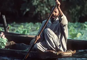 Jammu Prints: Kashmir - boatman paddling his flat-bottomed shikara boat