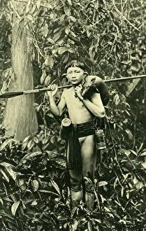 Kayan man with piglet and blowpipe, Borneo, SE Asia