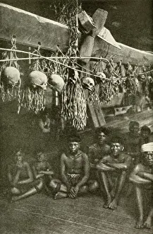 Enemies Prints: Kayan men in long house with skulls, Borneo, SE Asia