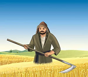 Scythe Collection: Kazakh man cutting hay with a scythe