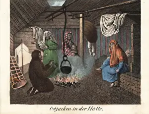 Khanty or Ostyak hut interior with man in a